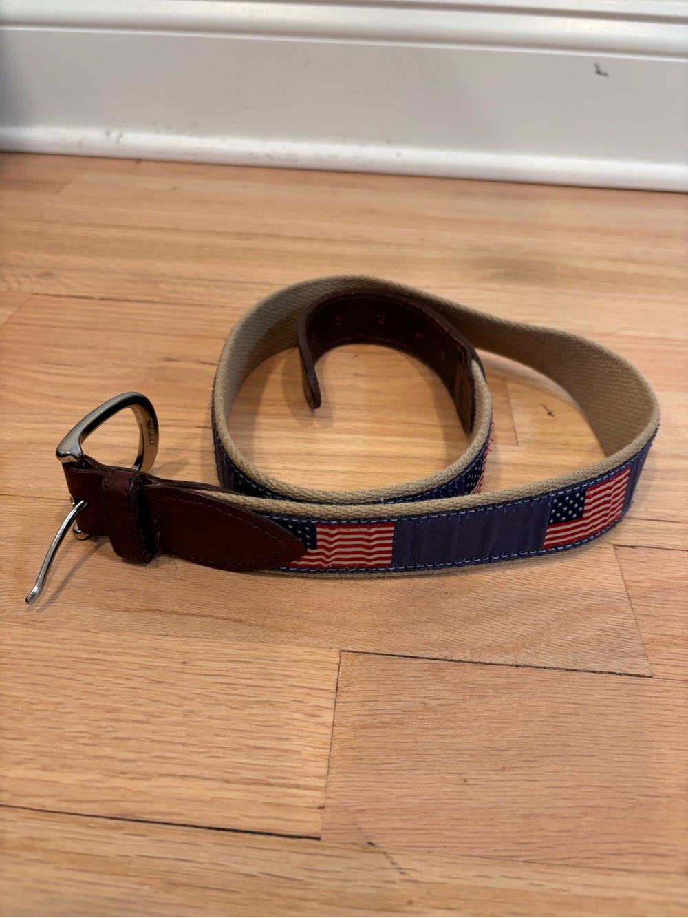 Belted Cow Company ribbon belts featuring embroidered American flags size 34/35